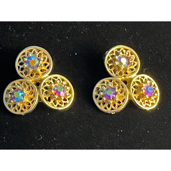 VTG Coro Clip On Earrings Gold Tone Rhinestones Three Circles Signed - Picture 1 of 6